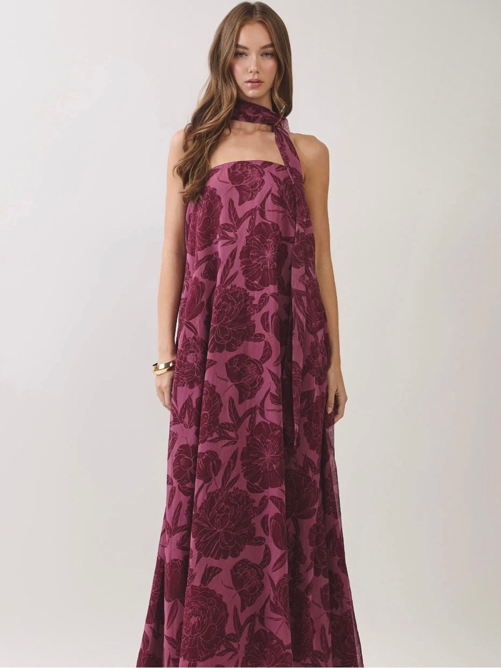 Maroon Maxi Dress with neck scarf